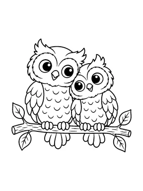 Two cute owls sit side by side on a complete branch and lean gently toward each other.