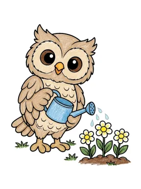 Cute Owl Watering Flowers Coloring Page colored with AI in crayon style