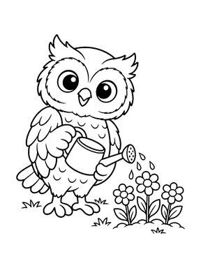 A cute owl holds a small watering can beside three simple flowers.
