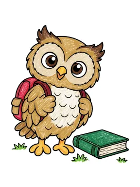 Cute Owl with a Backpack Coloring Page colored with AI in crayon style