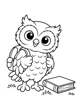 A cute owl wears a small blank backpack and stands beside a closed blank book.