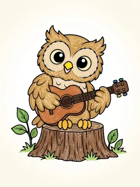 Cute Owl Playing Guitar Coloring Page, colored example