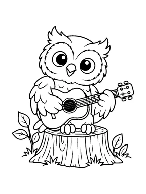 A cute owl sits on a tree stump and plays a small acoustic guitar.