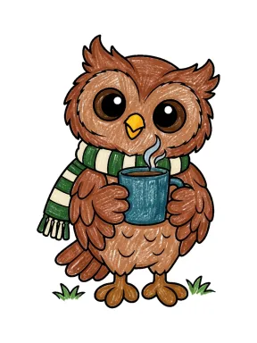 Cute Owl with a Scarf and Mug Coloring Page colored with AI in crayon style
