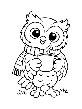 A cute owl wears a knitted scarf and holds a blank mug with two curls of steam.