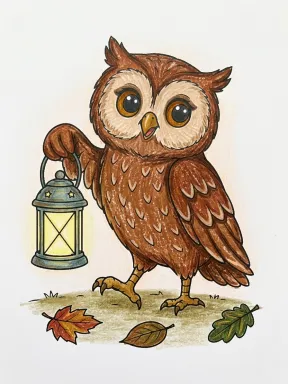 Cute Owl Carrying a Lantern Coloring Page colored with AI in crayon style