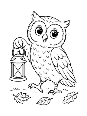 A cute owl walks with an unlit lantern above three fallen leaves.