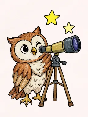Coruja fofa olhando por um telescópio, exemplo colorido