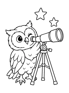 A cute owl stands behind a small telescope on a tripod with two large stars above.