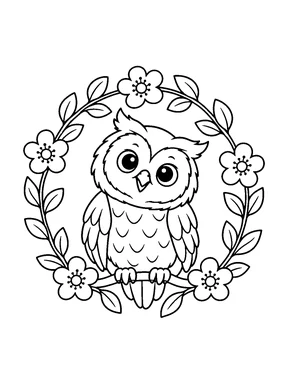 A cute owl sits fully inside an open circular wreath made of simple leaves and five flowers.