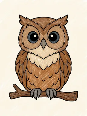 Owl on a Branch Coloring Page colored with AI in crayon style