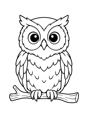 A wide-eyed owl perches on a short branch with its wings folded.