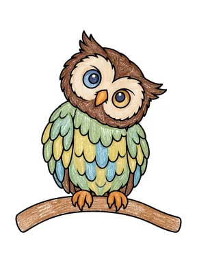 Owl Tilting Its Head on a Branch Coloring Page colored with AI in crayon style