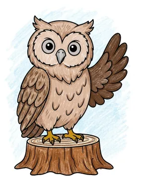 Owl Waving from a Tree Stump Coloring Page colored with AI in crayon style
