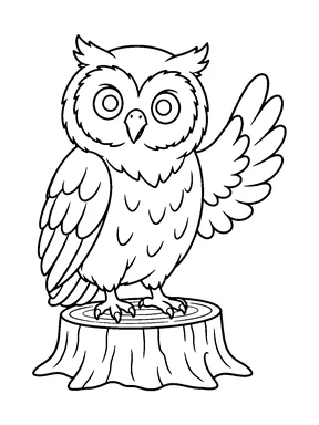 A friendly owl stands on a low tree stump and raises one wing in a wave.