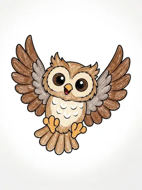 Owl Flying with Wings Spread Coloring Page colored with AI in crayon style
