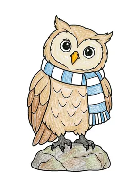 Owl Wearing a Striped Scarf Coloring Page colored with AI in crayon style