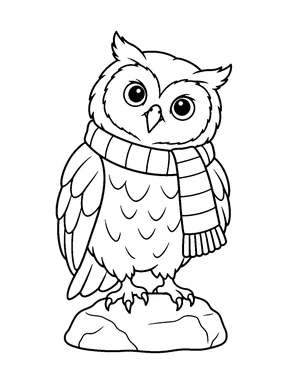 An owl wearing a simple striped scarf stands on a small rounded rock.
