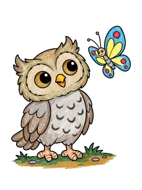 Owl Looking at a Butterfly Coloring Page colored with AI in crayon style