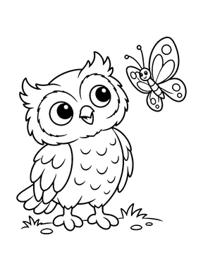 An owl stands on the ground and looks up at a butterfly hovering beside it.