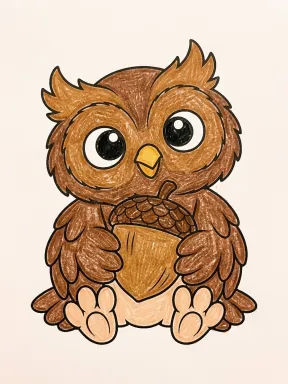 Owl Holding a Large Acorn Coloring Page, colored example