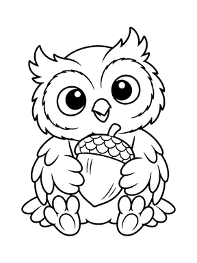 A seated owl holds one large acorn between its wings with both feet visible.