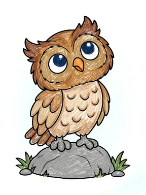 Small Owl Looking Up on a Rock Coloring Page colored with AI in crayon style