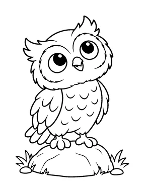 A small wide-eyed owl stands on one rounded rock and looks upward.