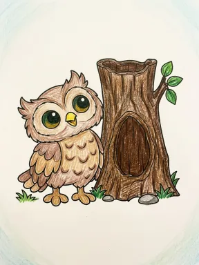 Owl Beside a Hollow Tree Trunk Coloring Page colored with AI in crayon style
