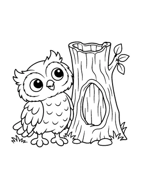 An owl stands fully visible beside a complete hollow tree trunk with a few leaves.