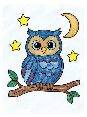Owl with a Crescent Moon and Stars Coloring Page, colored example