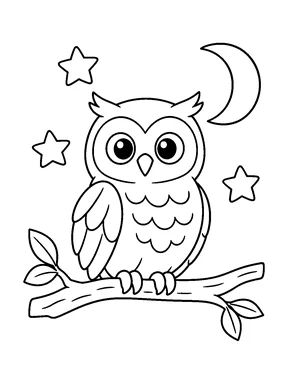 An owl perches on a complete branch beside a crescent moon and three large stars.