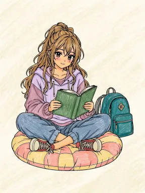 Anime Girl Reading Coloring Page colored with AI in crayon style