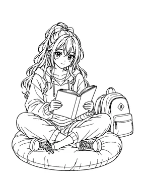 An original anime-style teen girl sits on a floor cushion reading an open book beside her backpack.