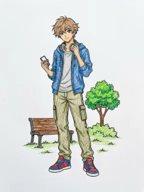Anime Boy with Headphones Coloring Page colored with AI in crayon style