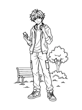 An original anime-style teen boy stands near a bench and tree with headphones around his neck and a small music player in one hand.