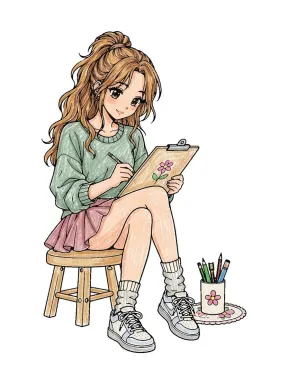 Anime Girl Drawing Coloring Page, colored example