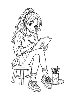 An original anime-style teen girl sits on a low stool drawing on a clipboard beside a pencil cup.
