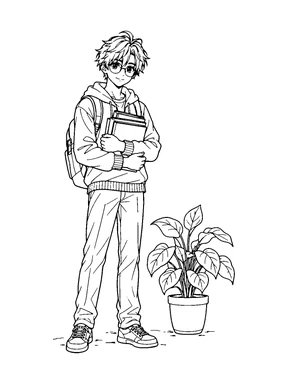 An original anime-style teen boy with round glasses holds closed books beside a potted plant and backpack.