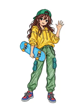 Anime Girl with Skateboard Coloring Page colored with AI in crayon style