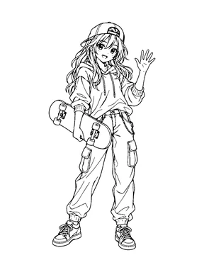 An original anime-style teen girl carries a skateboard under one arm and waves.
