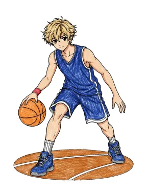 Anime Boy Dribbling Basketball Coloring Page colored with AI in crayon style