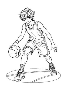 An original anime-style teen boy dribbles a basketball on a small court patch.