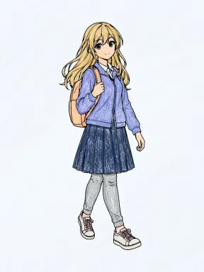 Anime Schoolgirl with Backpack Coloring Page colored with AI in crayon style