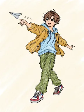 Anime Boy with Paper Airplane Coloring Page colored with AI in crayon style