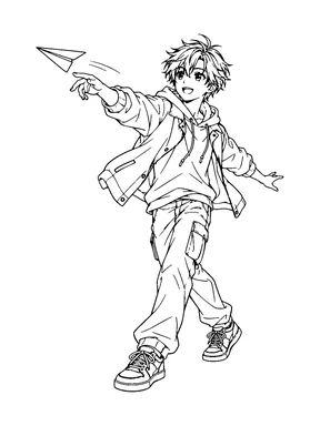 An original anime-style teen boy launches a paper airplane while balancing with his other arm.