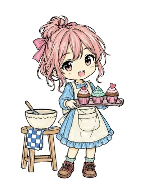 Chibi Girl Baking Cupcakes Coloring Page, colored example