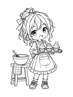 An original chibi anime girl in a baker apron holds a tray of three cupcakes beside a mixing bowl.