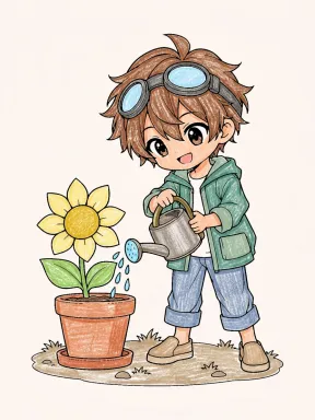 Chibi Boy Watering Sunflower Coloring Page colored with AI in crayon style