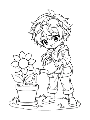 An original chibi anime boy with goggles on his head waters a potted sunflower with a small watering can.